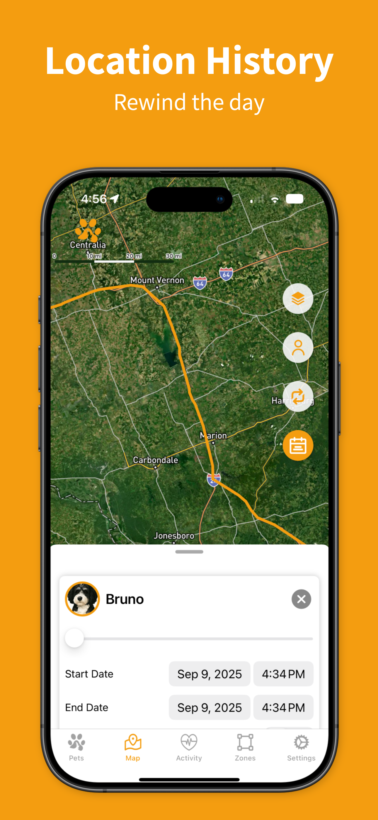 ToughTail location history view highlighting paths and hotspots.