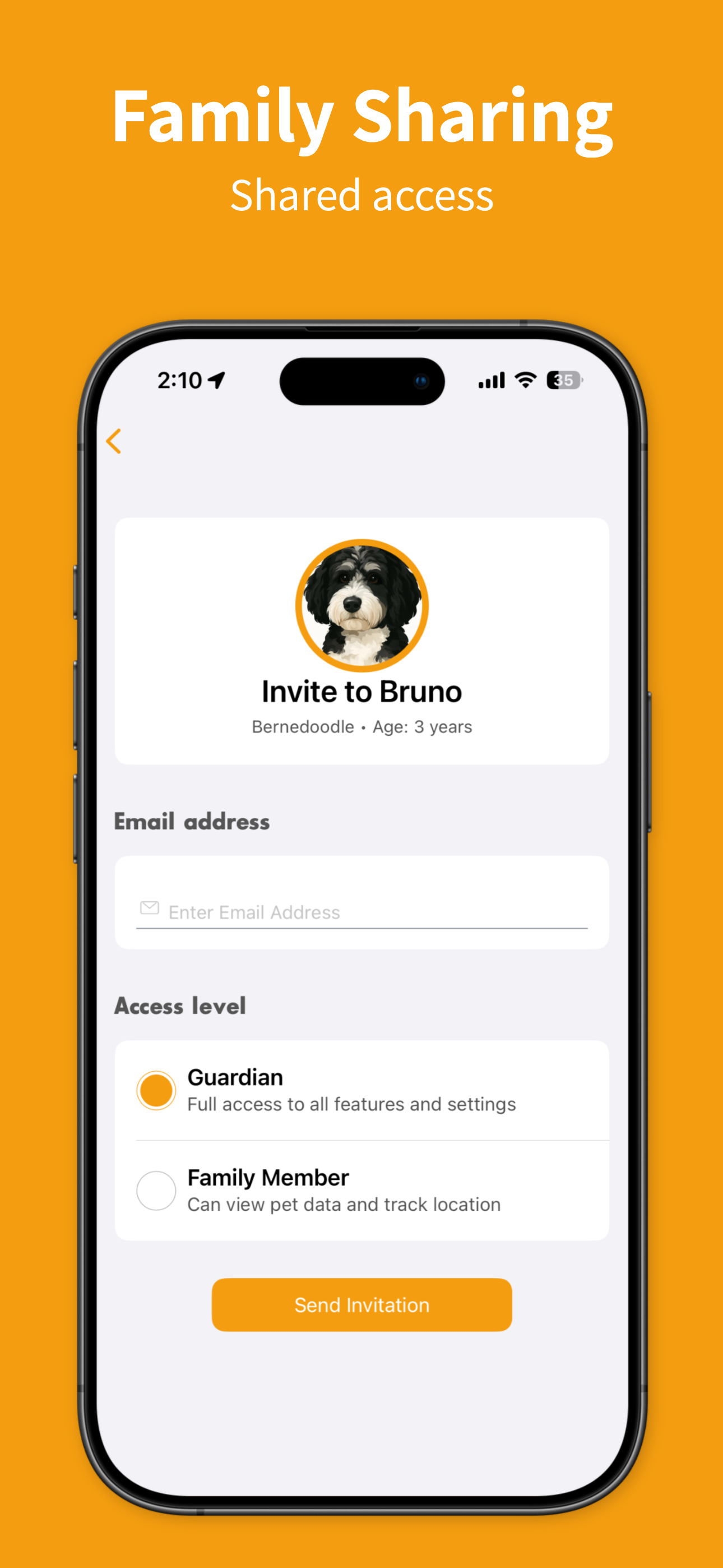 Family Sharing screen to invite guardians and set access level