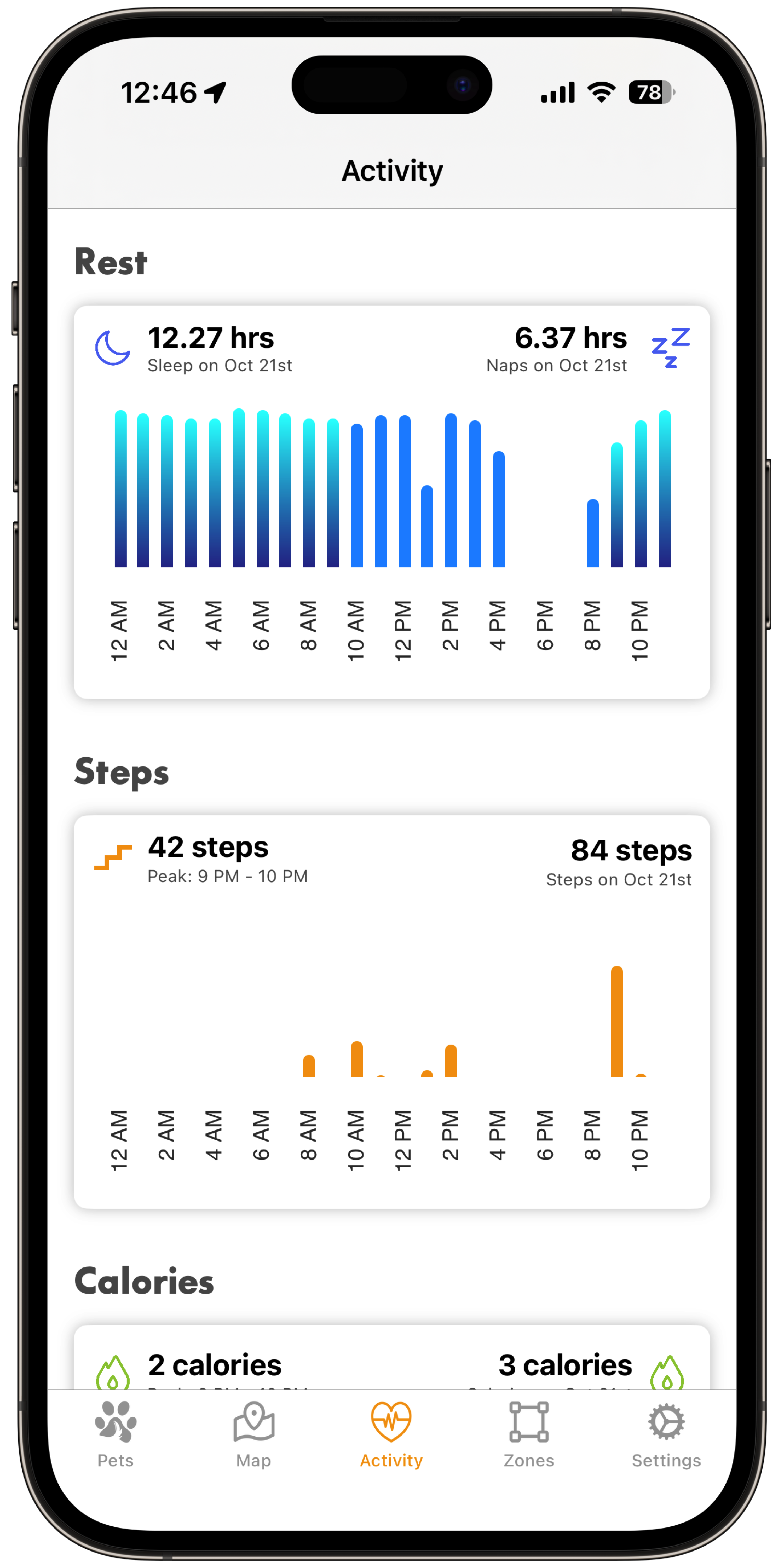 Activity and sleep steps view in the ToughTail app
