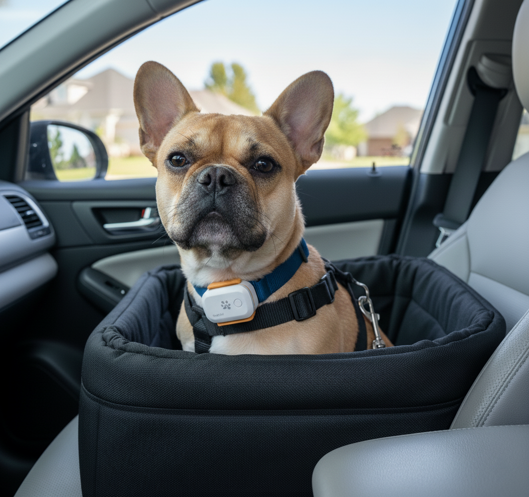 Dog wearing a ToughTail tracker while looking out a car window