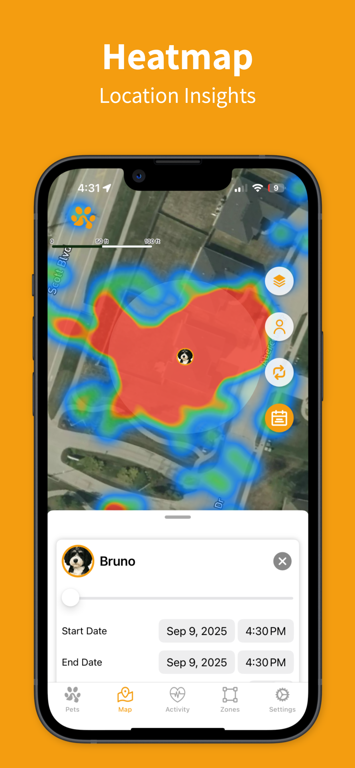 Heatmap view showing a pet’s activity hotspots in the ToughTail app