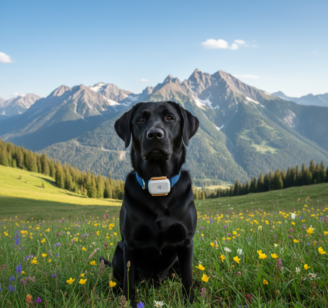 Dog geared up for a mountain hike wearing a ToughTail device