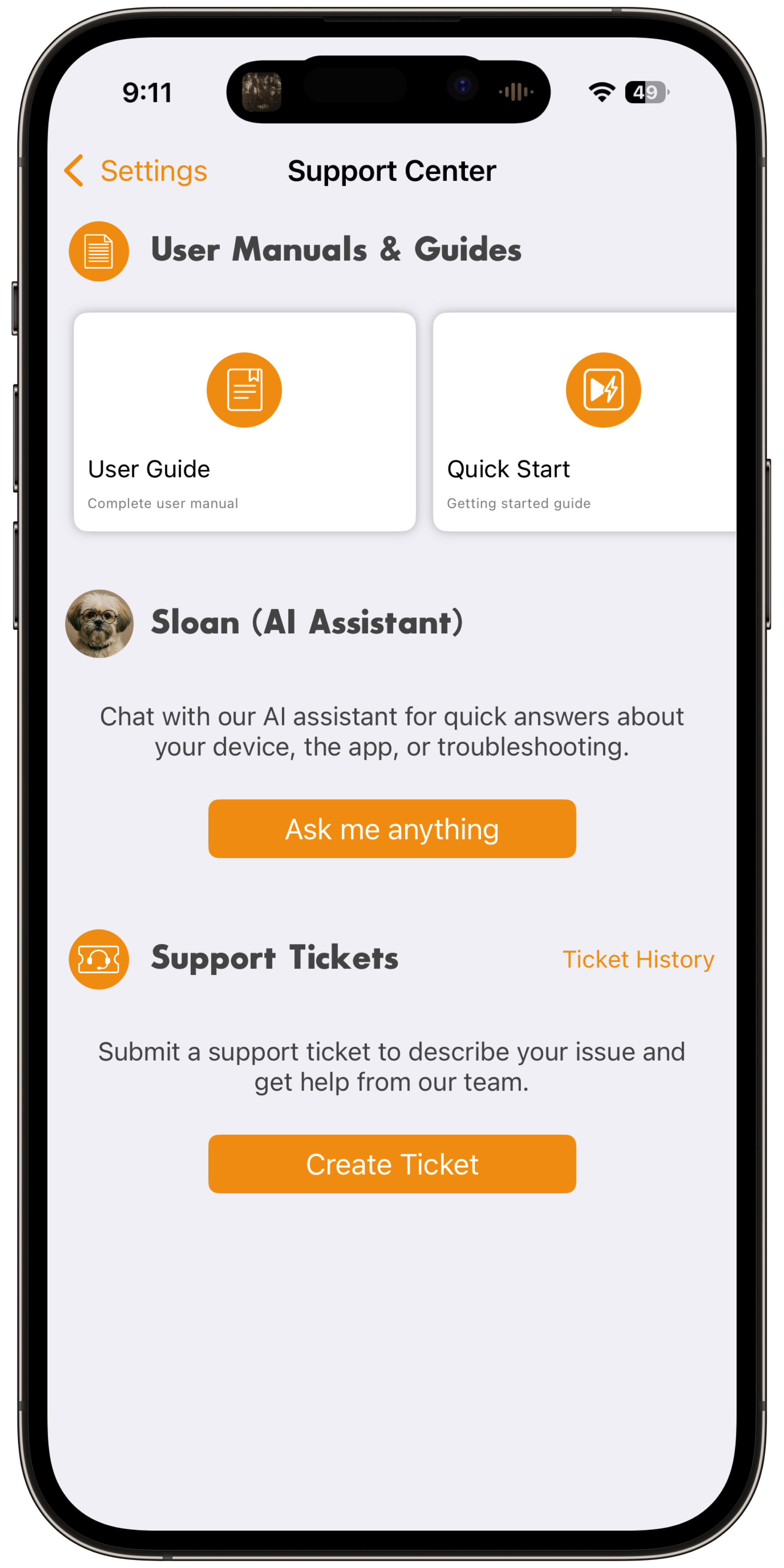 ToughTail support center screen with chat and scheduling options