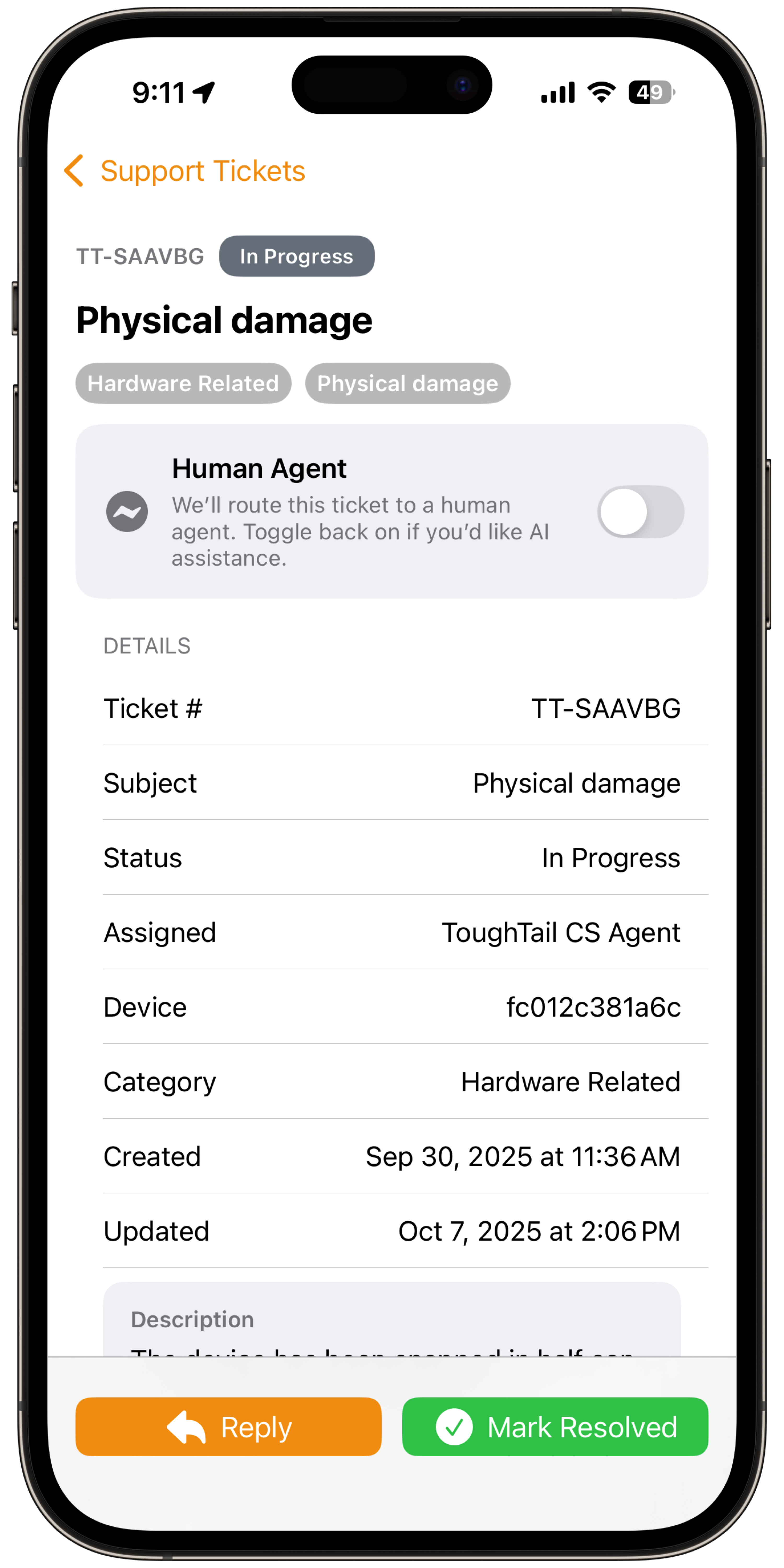 ToughTail dashboard showing device health and open support tickets
