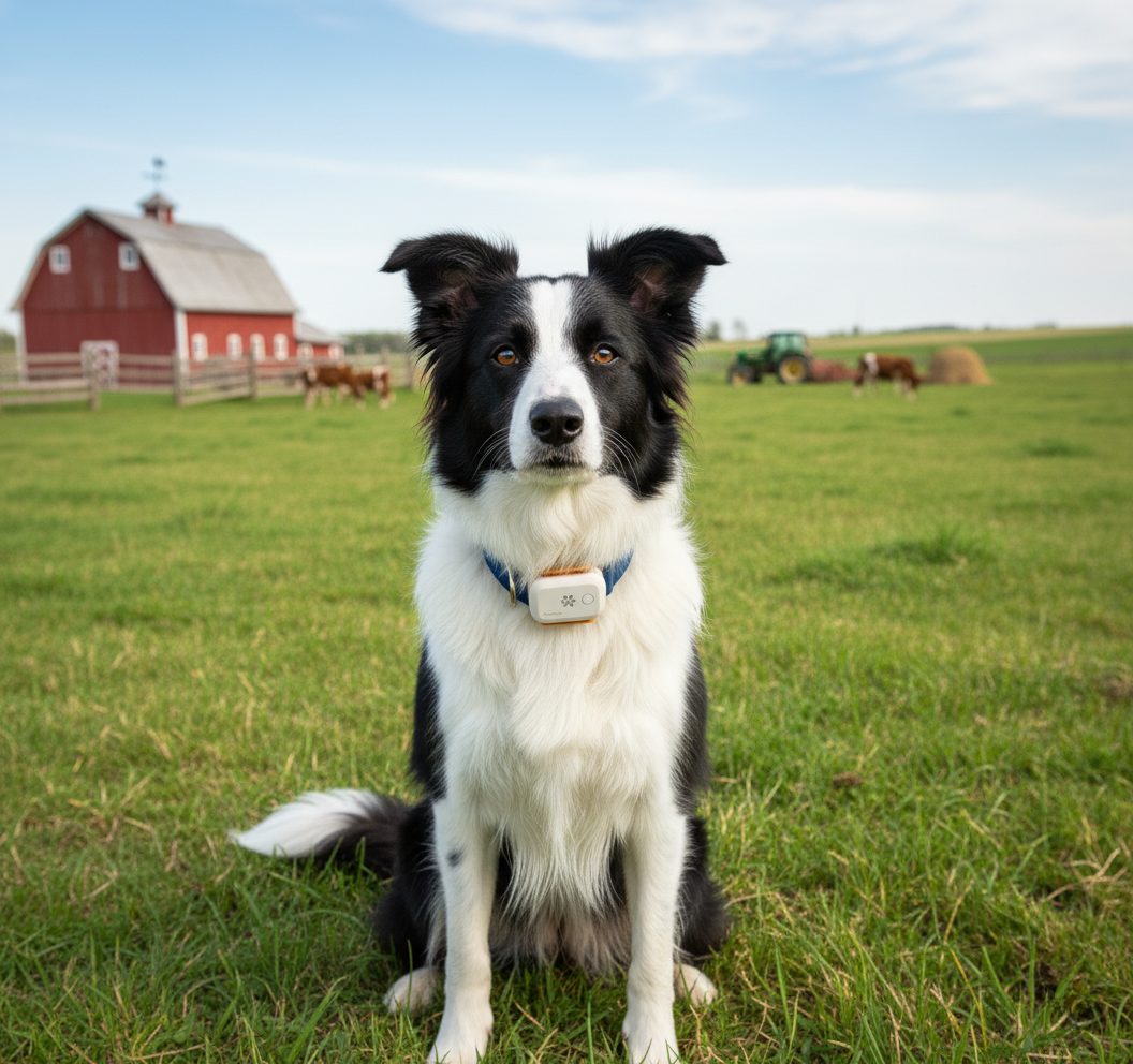 Dog relaxing downtown while wearing a ToughTail collar