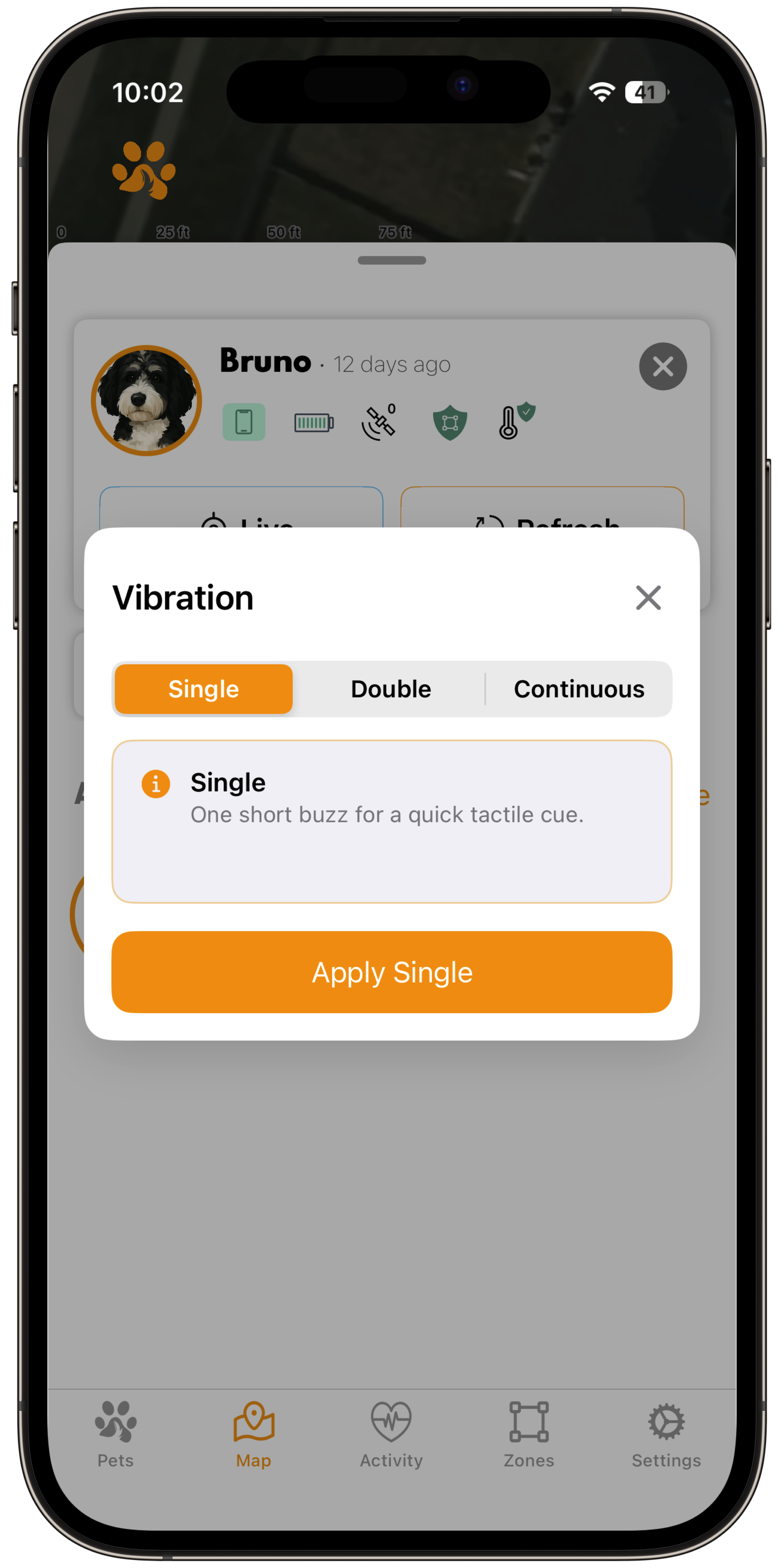 ToughTail app showing vibration cue options