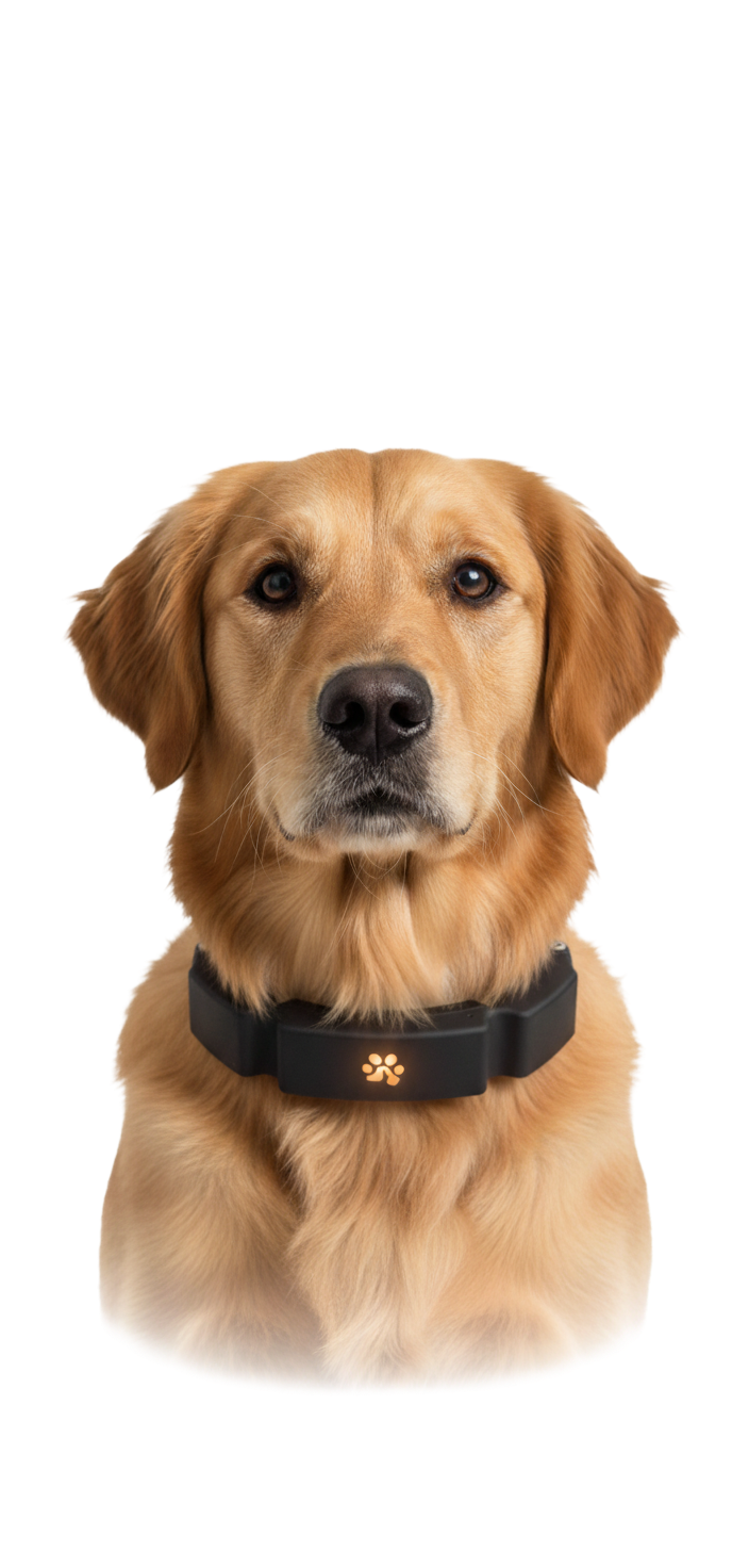 Golden retriever wearing the ToughTail Guidance Collar in black and gold